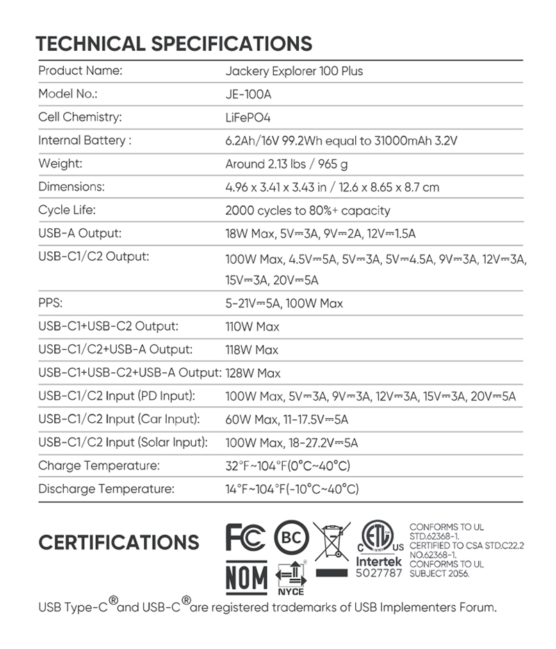 Jackery Explorer 100 Plus Portable Power Station - Technical Specifications